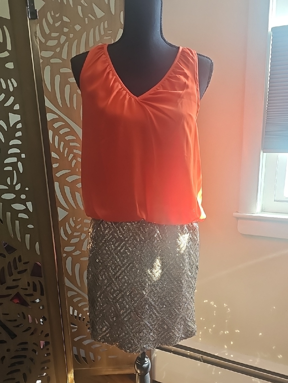C. Luce Orange V-Neck Shell with Gold Sequin Skirt